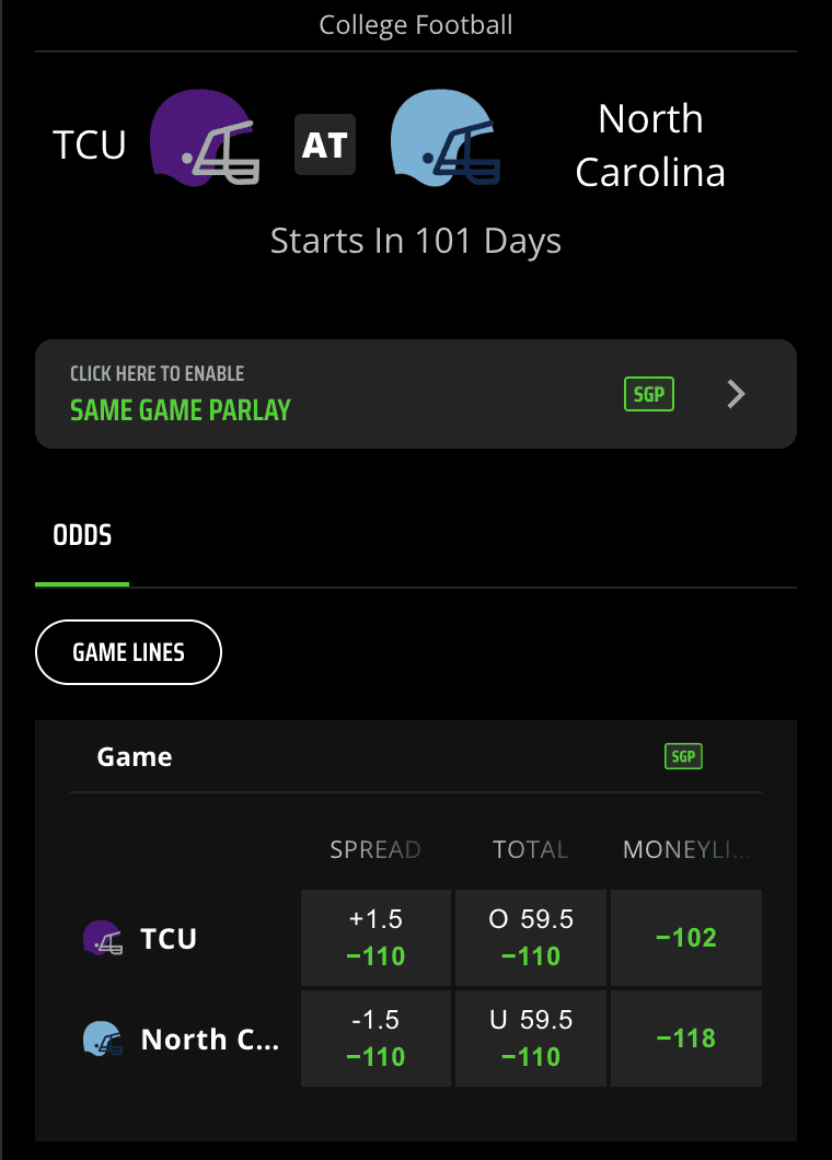 TCU vs. North Carolina line at DraftKings in Week 1 of College football